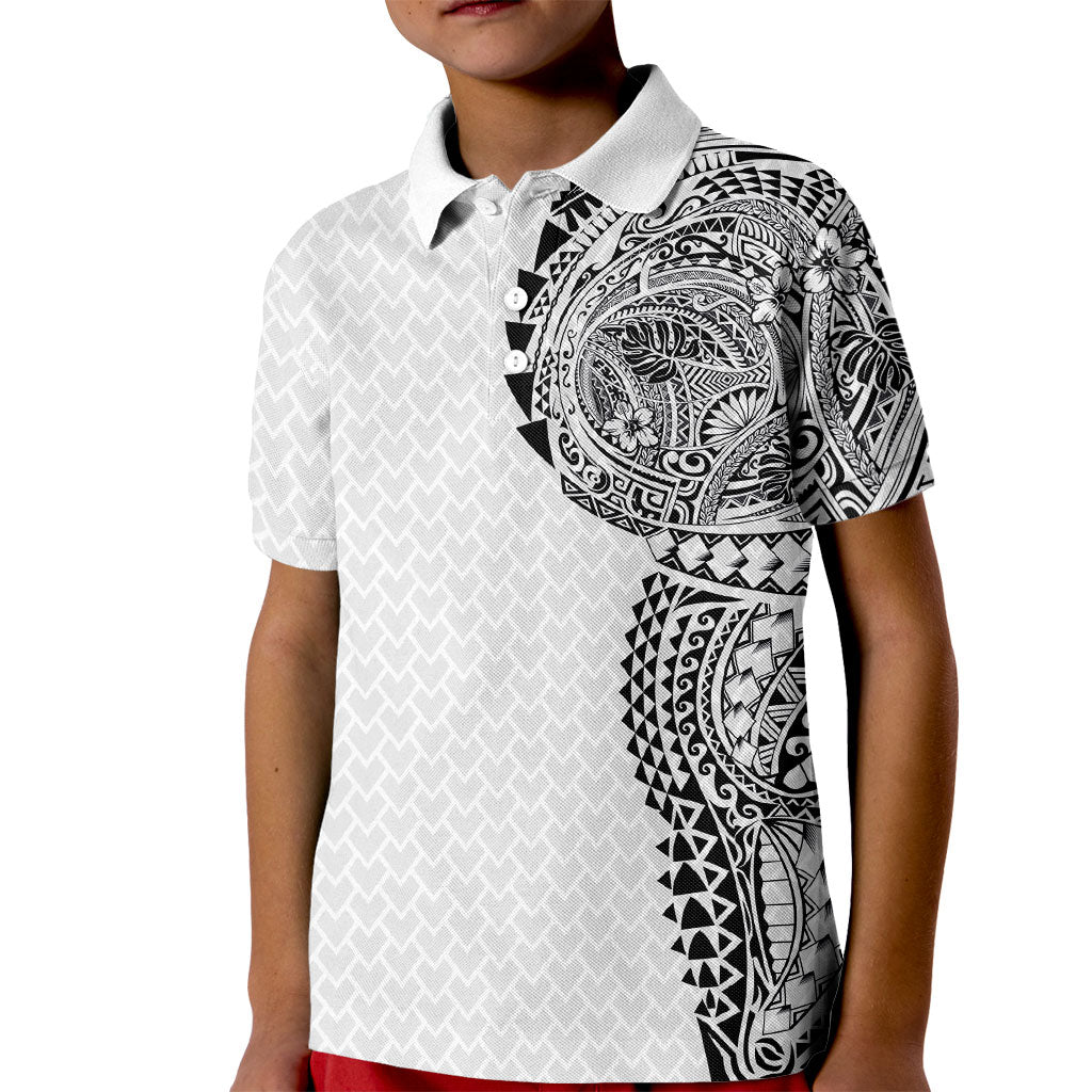 Hawaiian Traditional Tattoos Kid Polo Shirt Kakau Tribal Tropical Plant Motif White Color