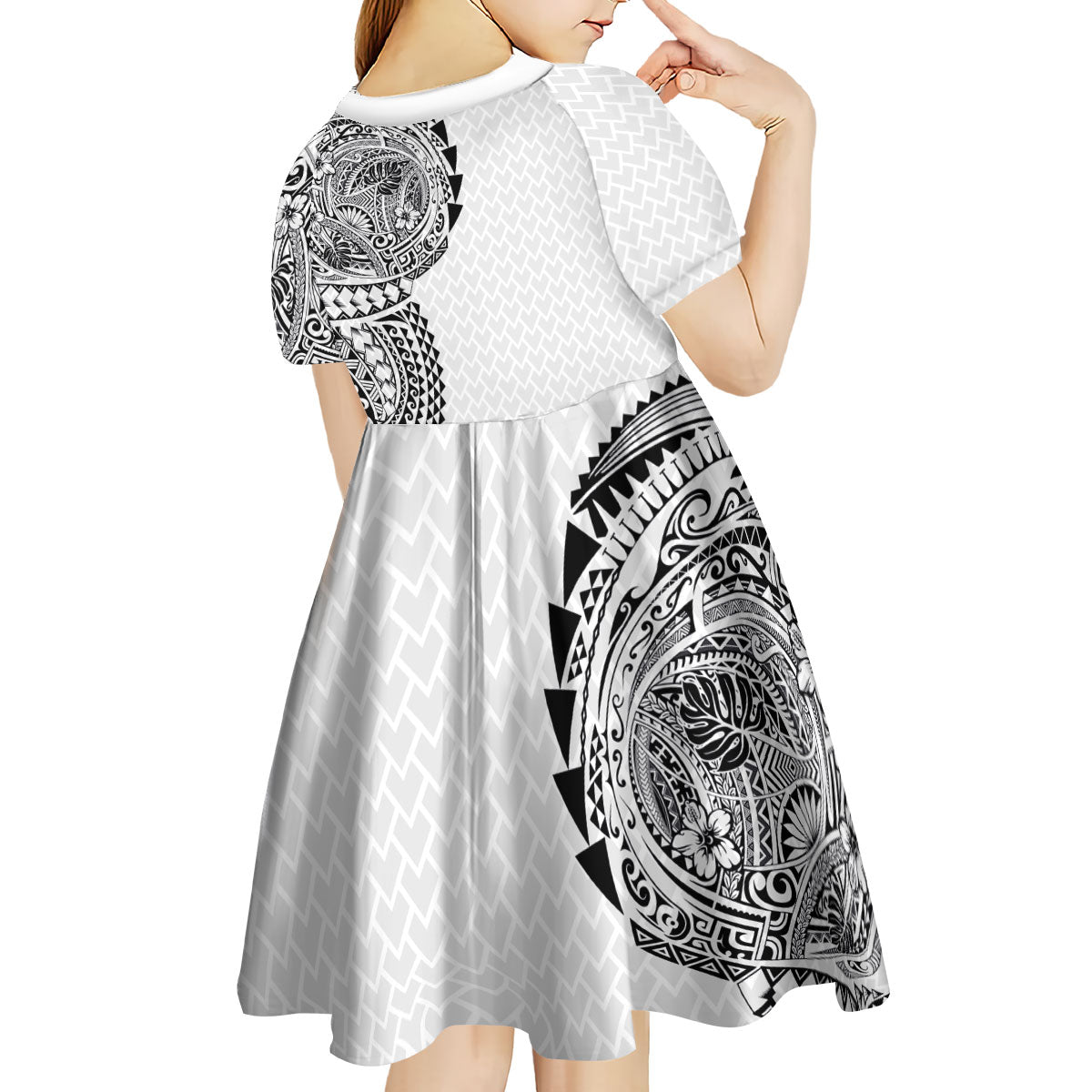 Hawaiian Traditional Tattoos Kid Short Sleeve Dress Kakau Tribal Tropical Plant Motif White Color LT03 - Polynesian Pride
