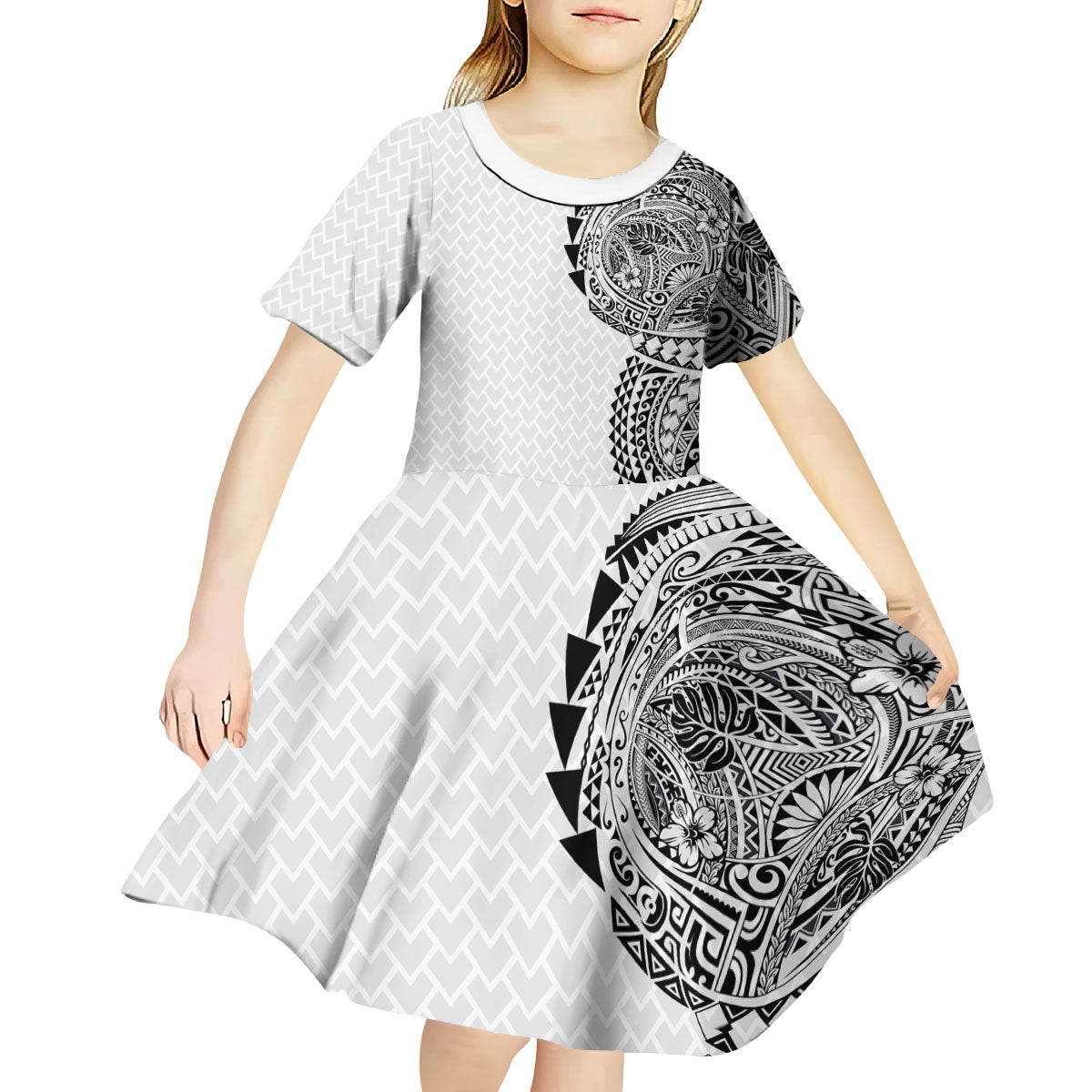 Hawaiian Traditional Tattoos Kid Short Sleeve Dress Kakau Tribal Tropical Plant Motif White Color LT03 - Polynesian Pride