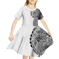 Hawaiian Traditional Tattoos Kid Short Sleeve Dress Kakau Tribal Tropical Plant Motif White Color LT03 - Polynesian Pride