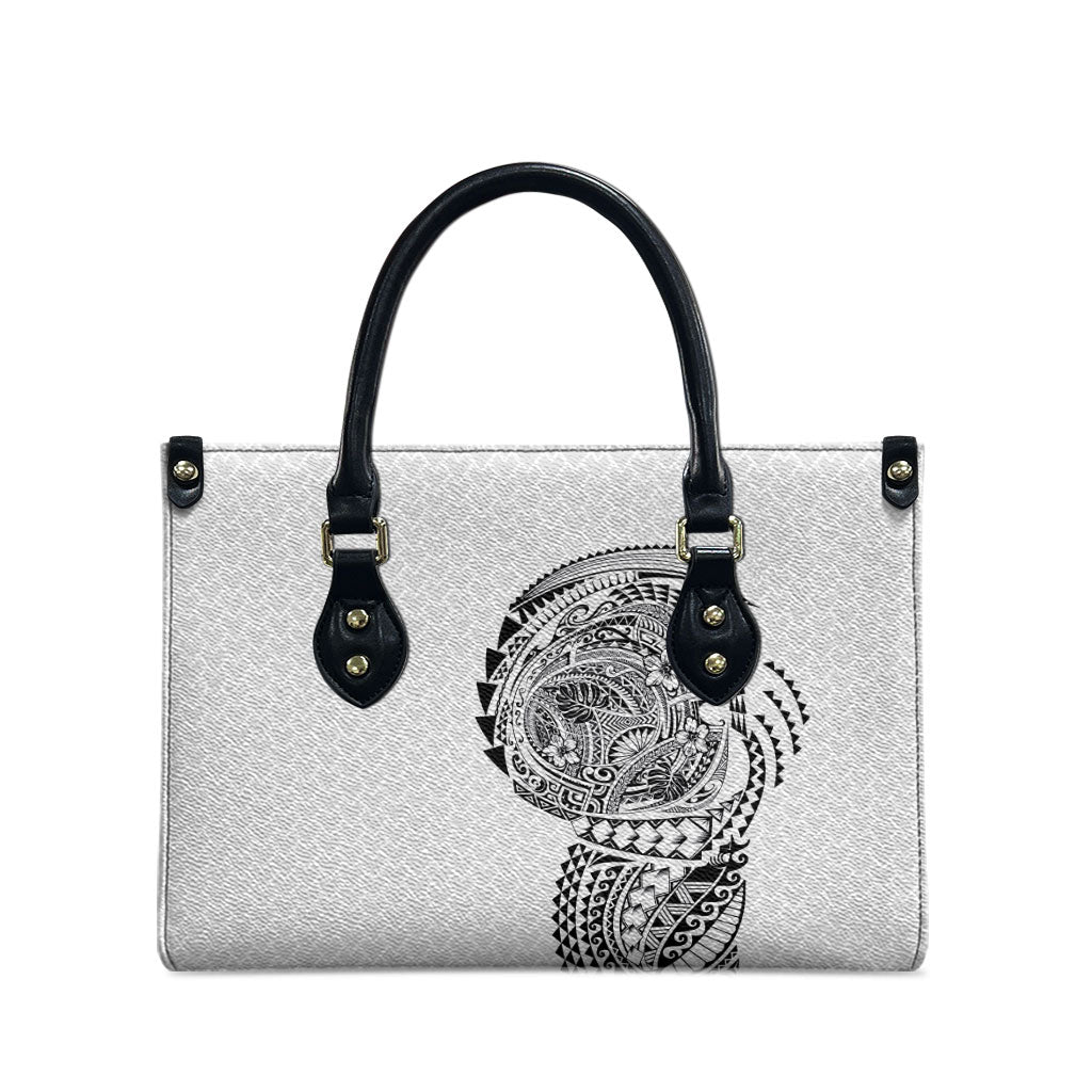 Hawaiian Traditional Tattoos Leather Bag Kakau Tribal Tropical Plant Motif White Color