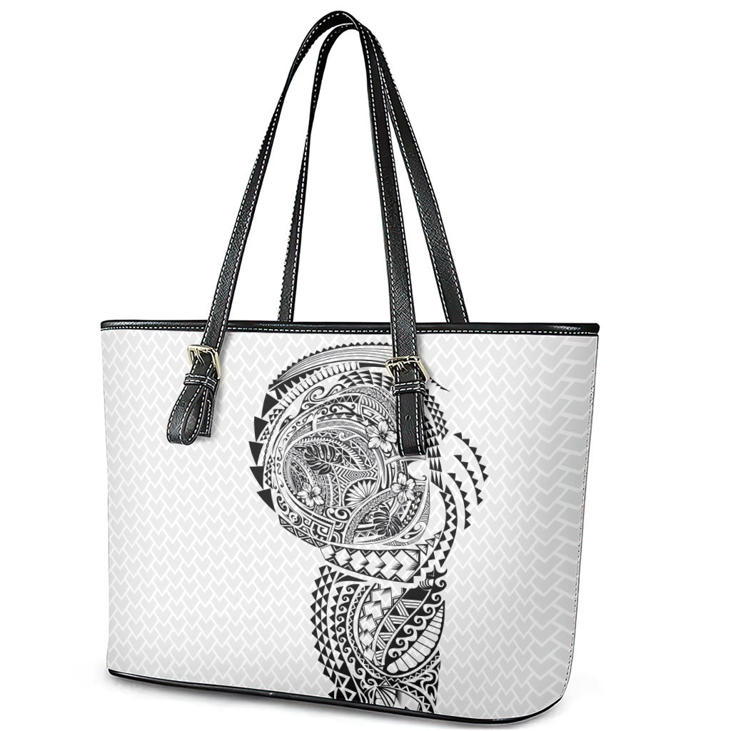 Hawaiian Traditional Tattoos Leather Tote Bag Kakau Tribal Tropical Plant Motif White Color