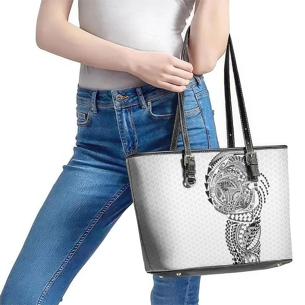 Hawaiian Traditional Tattoos Leather Tote Bag Kakau Tribal Tropical Plant Motif White Color