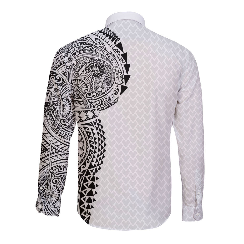 Hawaiian Traditional Tattoos Long Sleeve Button Shirt Kakau Tribal Tropical Plant Motif White Color