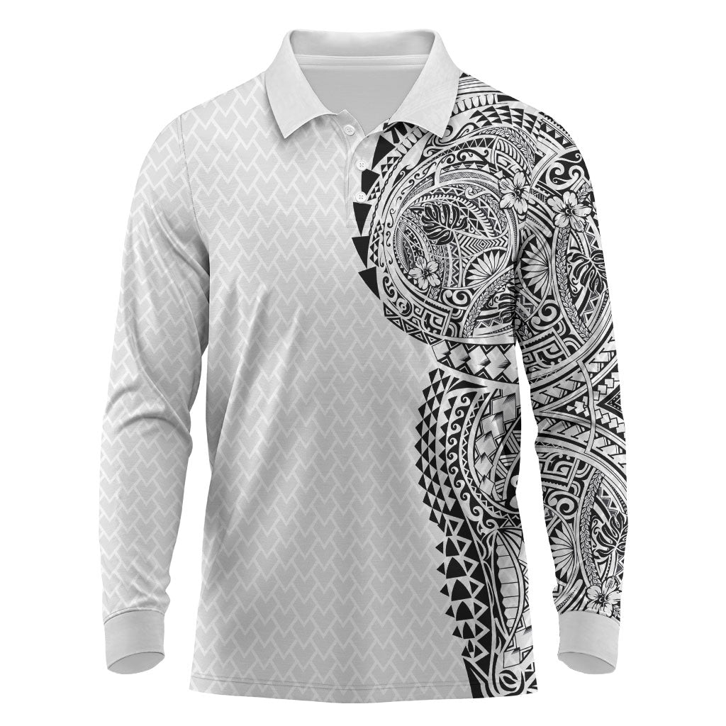 Hawaiian Traditional Tattoos Long Sleeve Polo Shirt Kakau Tribal Tropical Plant Motif White Color