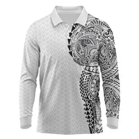 Hawaiian Traditional Tattoos Long Sleeve Polo Shirt Kakau Tribal Tropical Plant Motif White Color LT03 White - Polynesian Pride