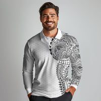 Hawaiian Traditional Tattoos Long Sleeve Polo Shirt Kakau Tribal Tropical Plant Motif White Color LT03 - Polynesian Pride