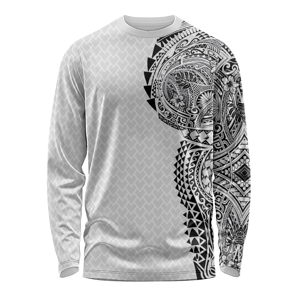 Hawaiian Traditional Tattoos Long Sleeve Shirt Kakau Tribal Tropical Plant Motif White Color