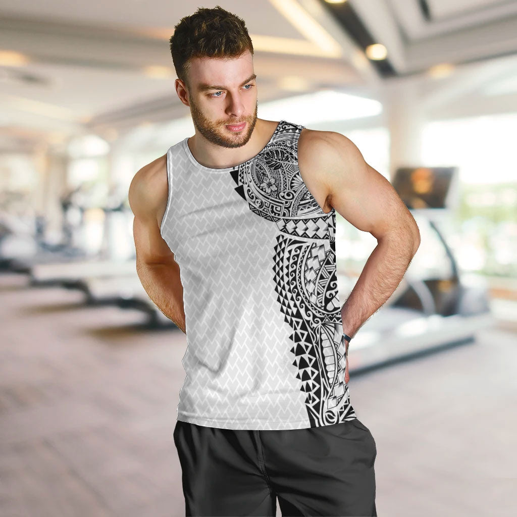 Hawaiian Traditional Tattoos Men Tank Top Kakau Tribal Tropical Plant Motif White Color