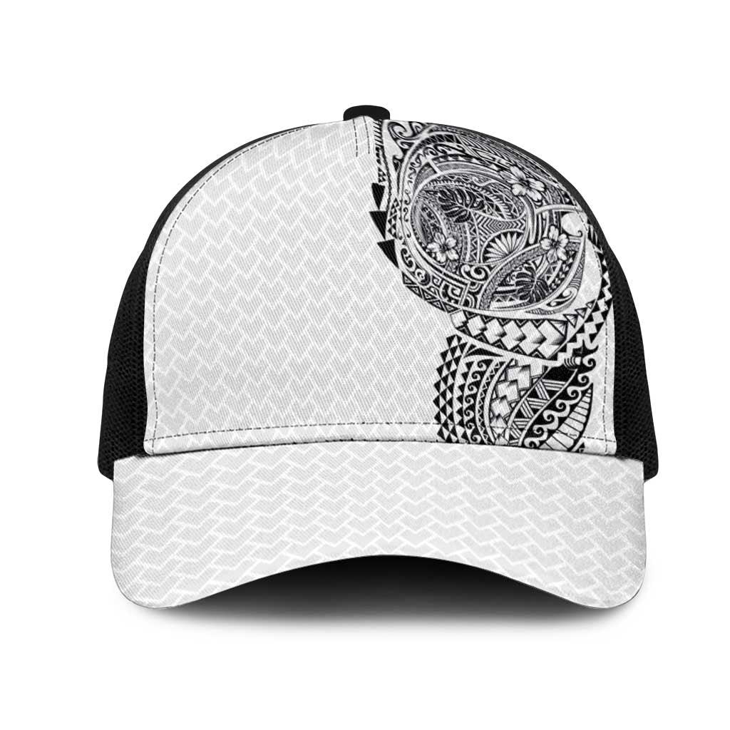 Hawaiian Traditional Tattoos Mesh Trucker Cap Kakau Tribal Tropical Plants Motif White Color