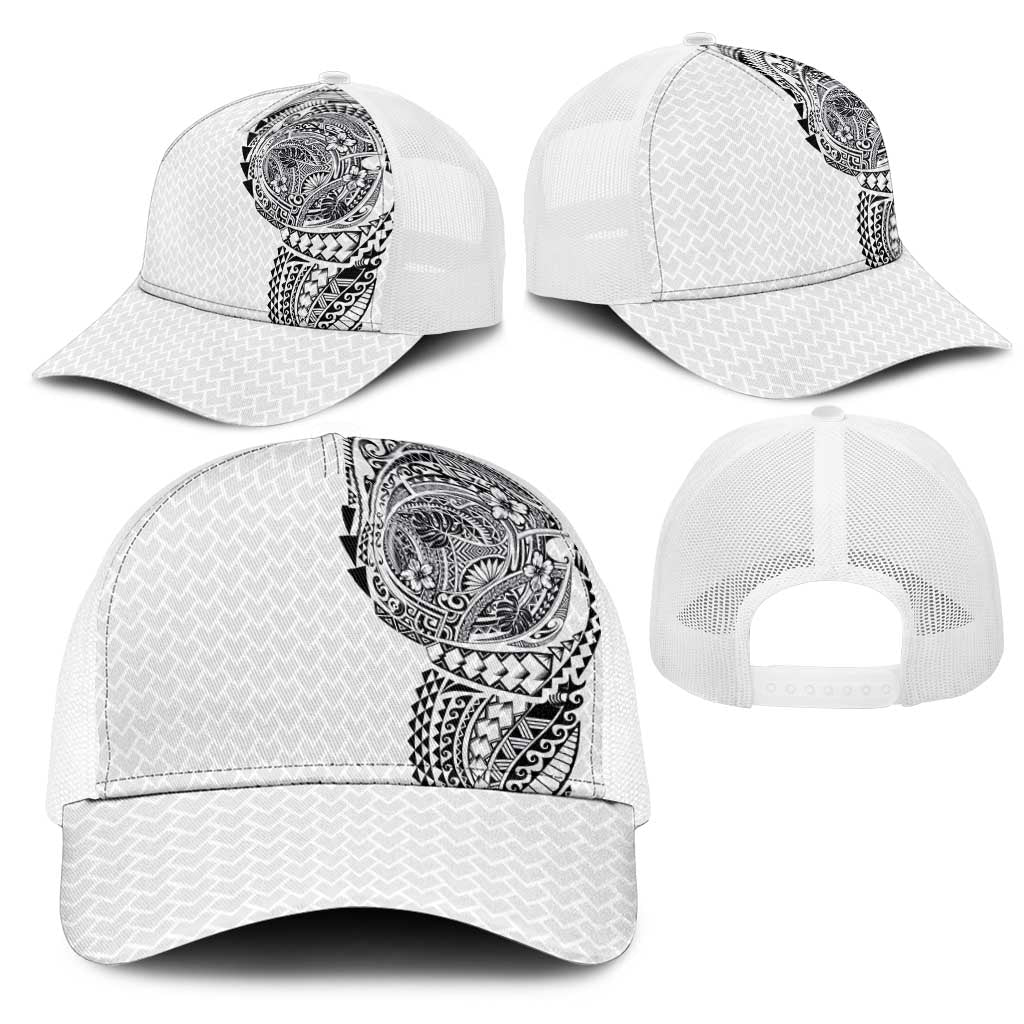 Hawaiian Traditional Tattoos Mesh Trucker Cap Kakau Tribal Tropical Plants Motif White Color