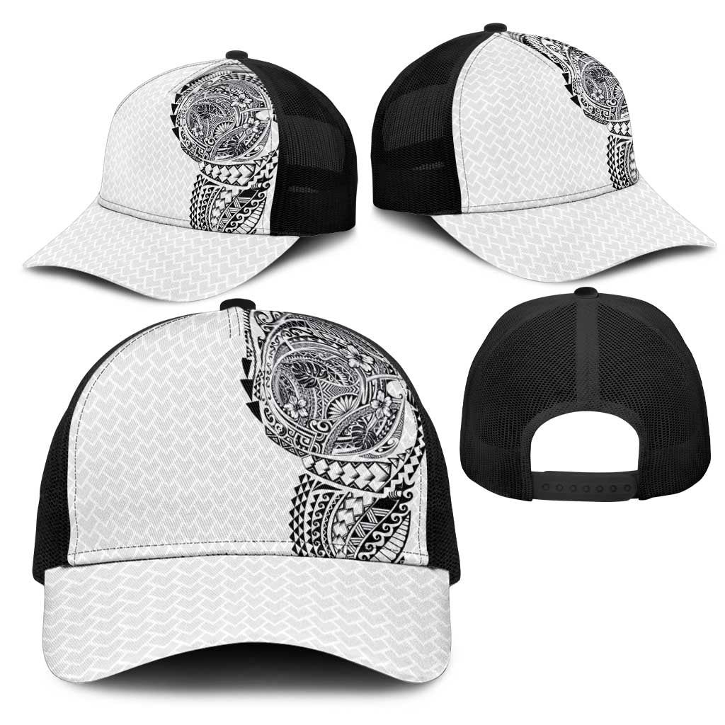 Hawaiian Traditional Tattoos Mesh Trucker Cap Kakau Tribal Tropical Plants Motif White Color