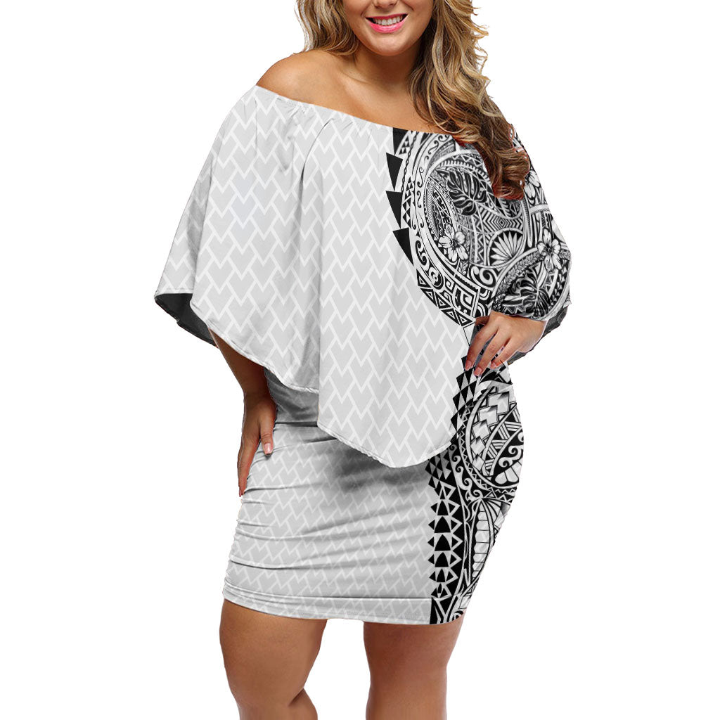 Hawaiian Traditional Tattoos Off Shoulder Short Dress Kakau Tribal Tropical Plant Motif White Color
