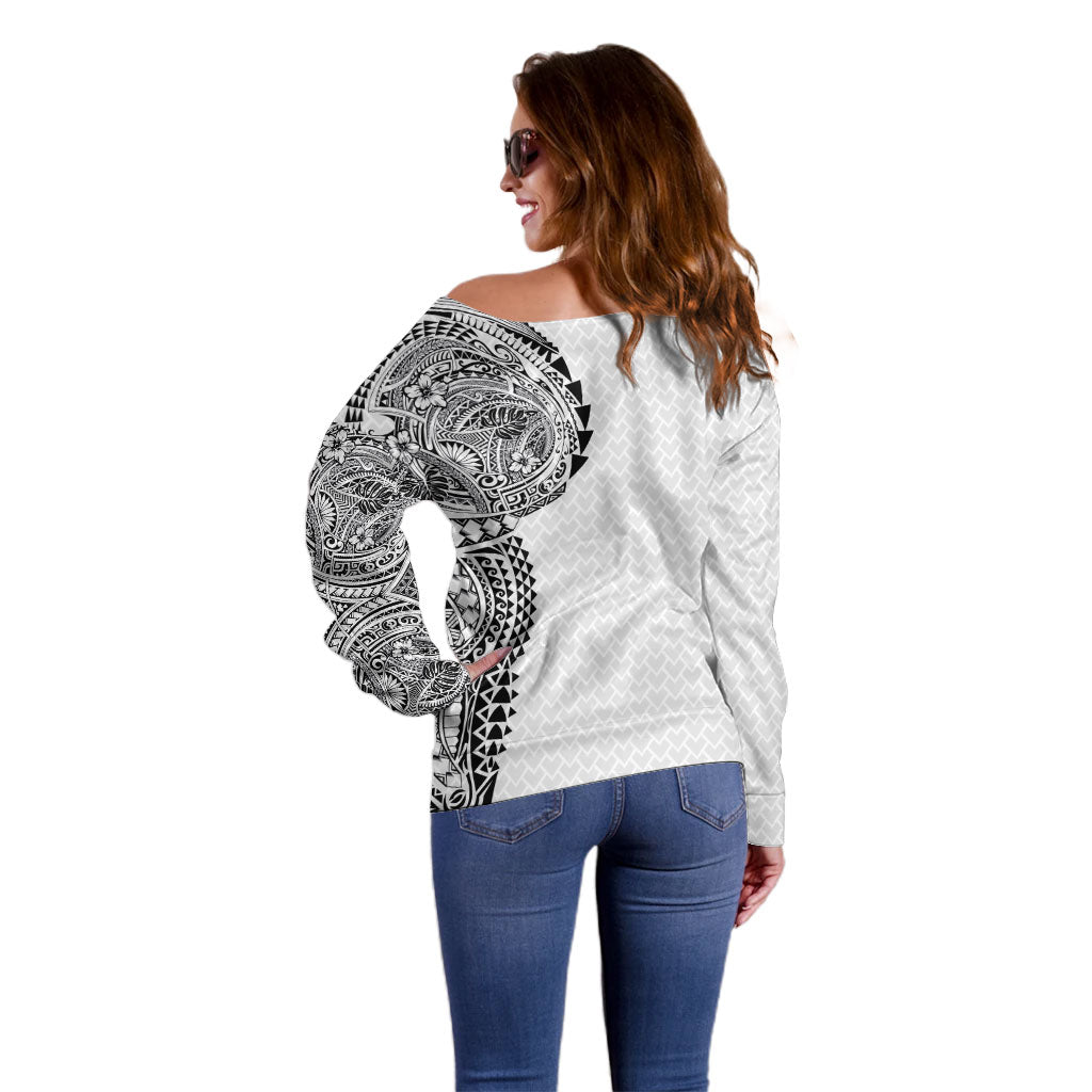 Hawaiian Traditional Tattoos Off Shoulder Sweater Kakau Tribal Tropical Plant Motif White Color