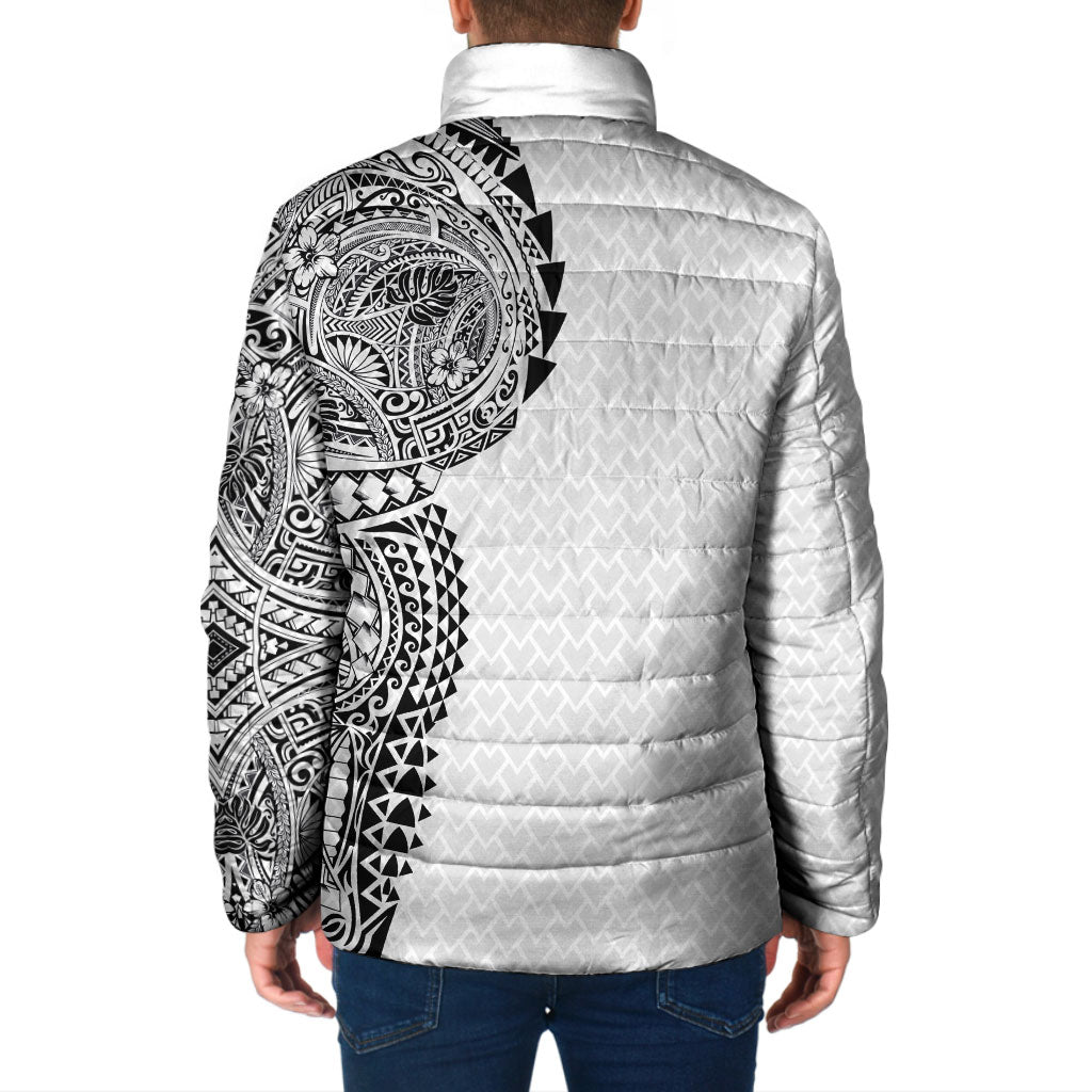 Hawaiian Traditional Tattoos Padded Jacket Kakau Tribal Tropical Plant Motif White Color