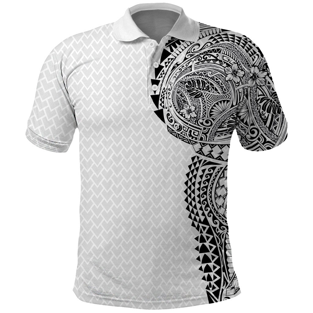 Hawaiian Traditional Tattoos Polo Shirt Kakau Tribal Tropical Plant Motif White Color