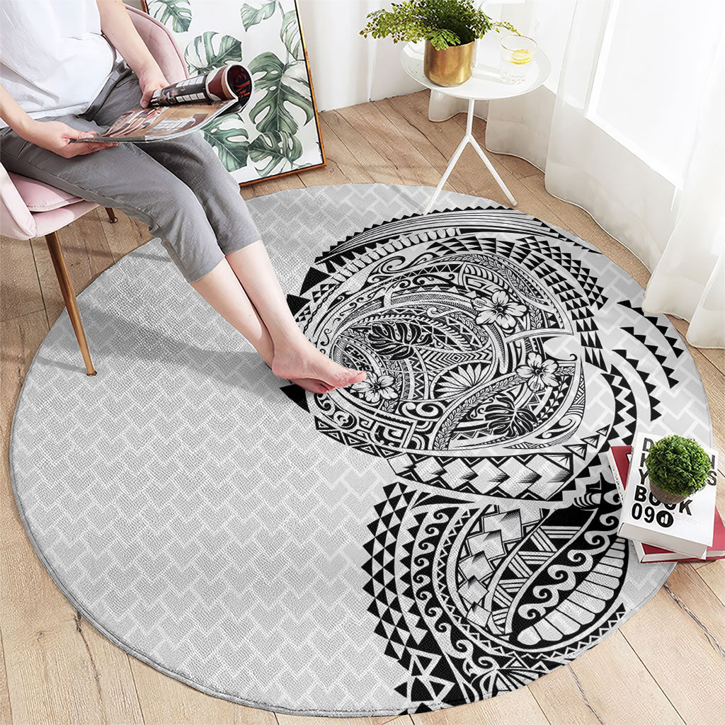 Hawaiian Traditional Tattoos Round Carpet Kakau Tribal Tropical Plant Motif White Color