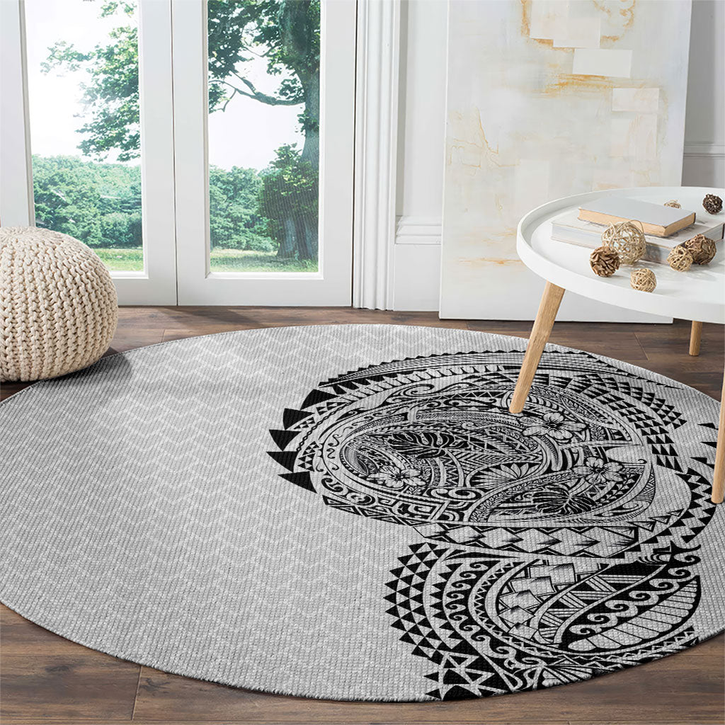 Hawaiian Traditional Tattoos Round Carpet Kakau Tribal Tropical Plant Motif White Color