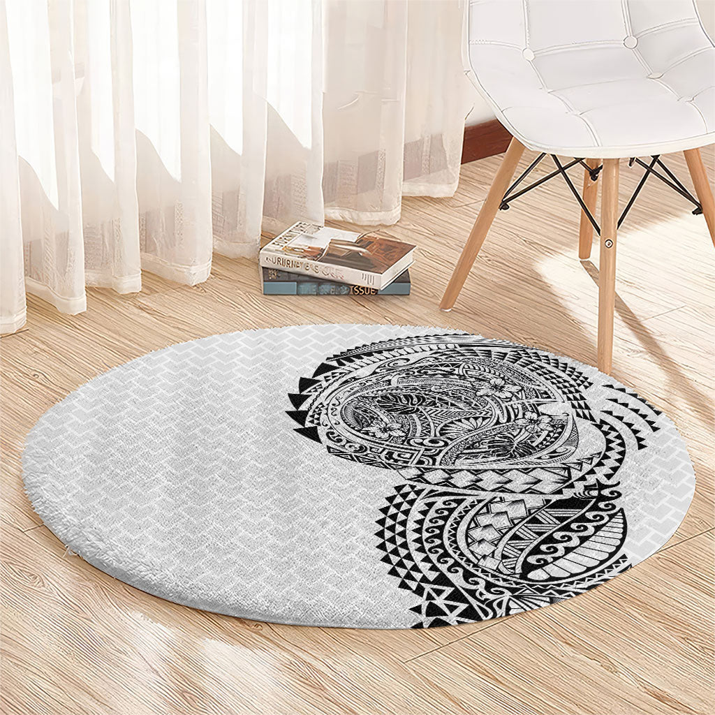 Hawaiian Traditional Tattoos Round Carpet Kakau Tribal Tropical Plant Motif White Color