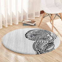 Hawaiian Traditional Tattoos Round Carpet Kakau Tribal Tropical Plant Motif White Color