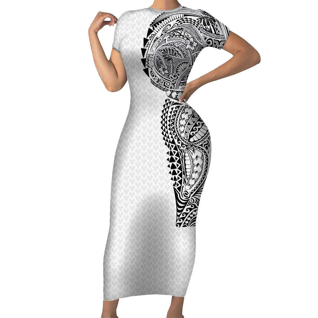 Hawaiian Traditional Tattoos Short Sleeve Bodycon Dress Kakau Tribal Tropical Plant Motif White Color