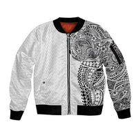 Hawaiian Traditional Tattoos Sleeve Zip Bomber Jacket Kakau Tribal Tropical Plant Motif White Color