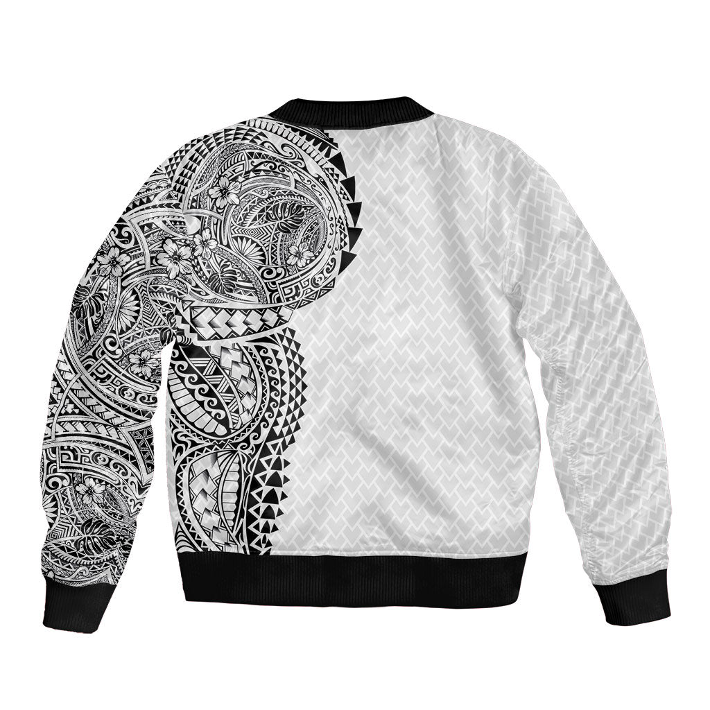 Hawaiian Traditional Tattoos Sleeve Zip Bomber Jacket Kakau Tribal Tropical Plant Motif White Color