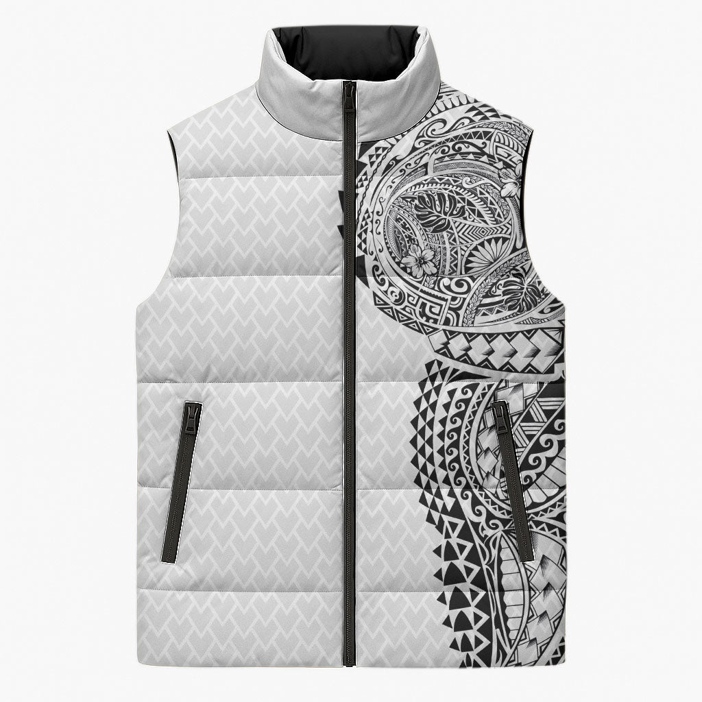Hawaiian Traditional Tattoos Sleeveless Puffer Jacket Kakau Tribal Tropical Plant Motif White Color