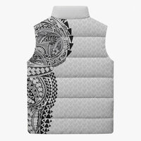 Hawaiian Traditional Tattoos Sleeveless Puffer Jacket Kakau Tribal Tropical Plant Motif White Color
