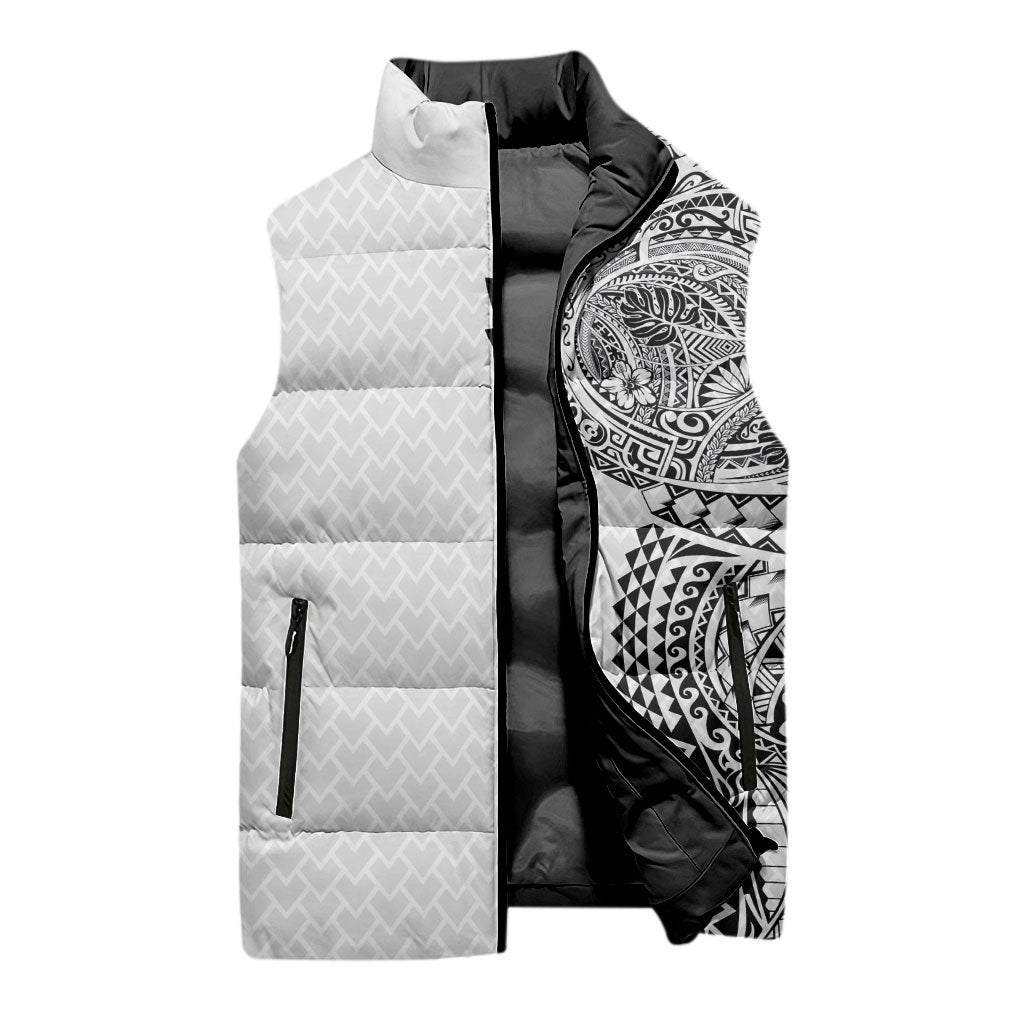 Hawaiian Traditional Tattoos Sleeveless Puffer Jacket Kakau Tribal Tropical Plant Motif White Color