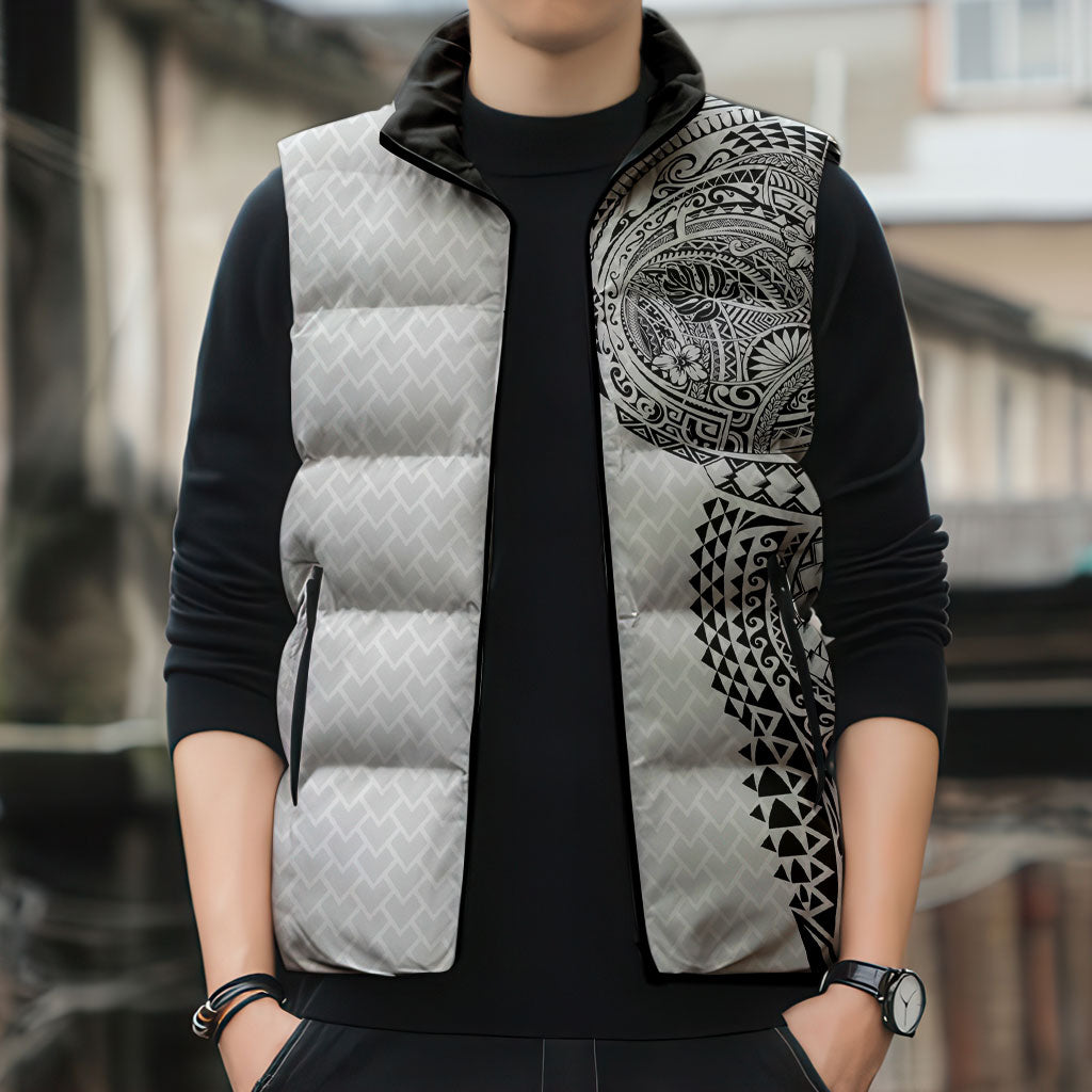 Hawaiian Traditional Tattoos Sleeveless Puffer Jacket Kakau Tribal Tropical Plant Motif White Color