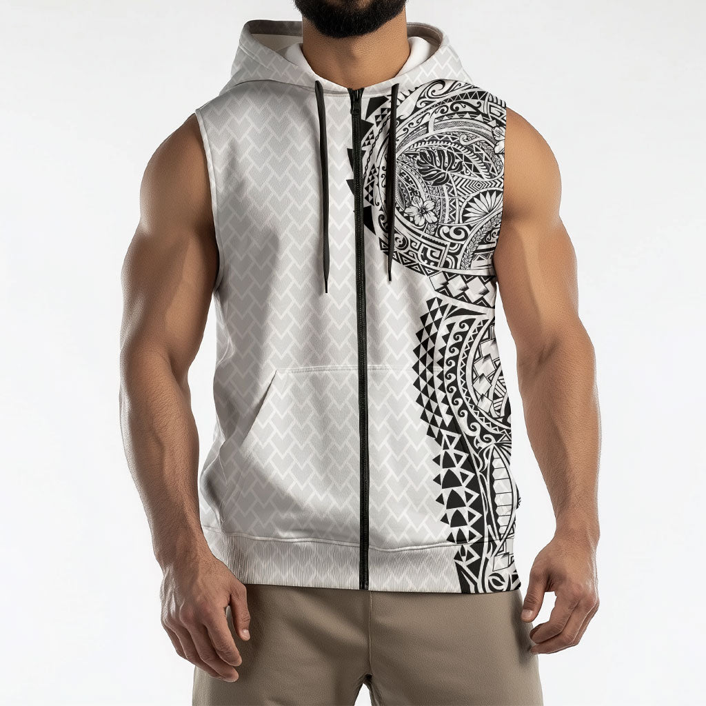 Hawaiian Traditional Tattoos Sleeveless Zip Hoodie Kakau Tribal Tropical Plant Motif White Color LT03 - Polynesian Pride