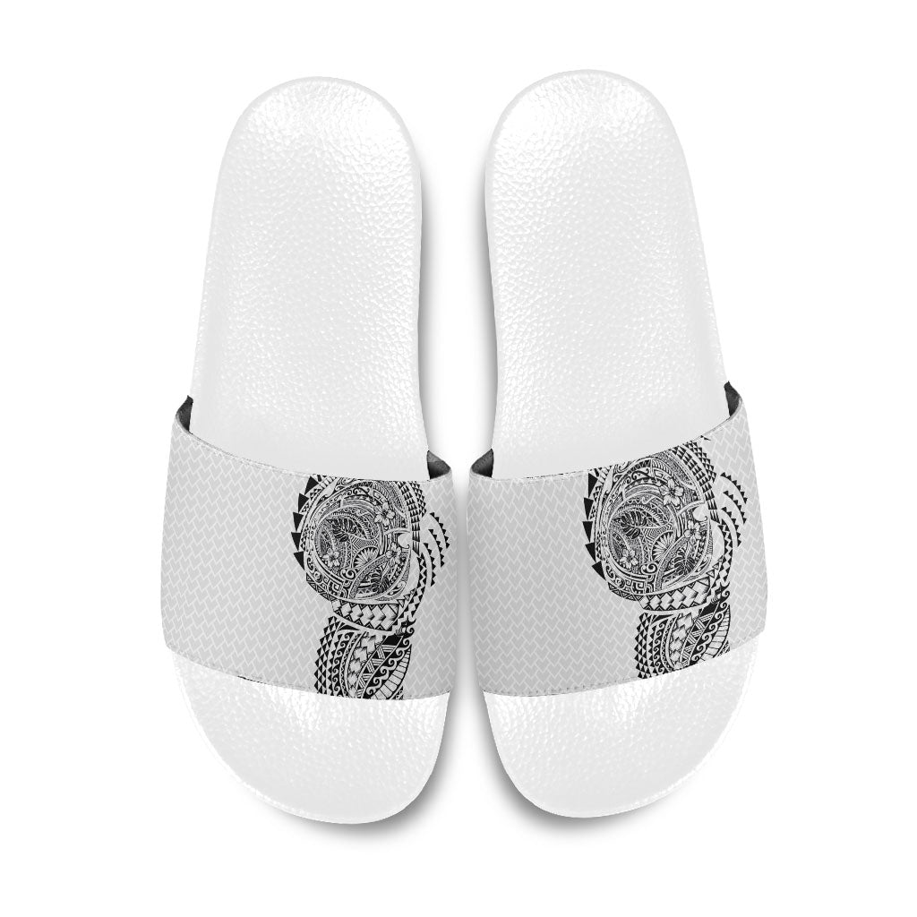 Hawaiian Traditional Tattoos Slide Sandals Kakau Tribal Tropical Plant Motif White Color