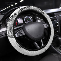 Hawaiian Traditional Tattoos Steering Wheel Cover Kakau Tribal Tropical Plant Motif White Color