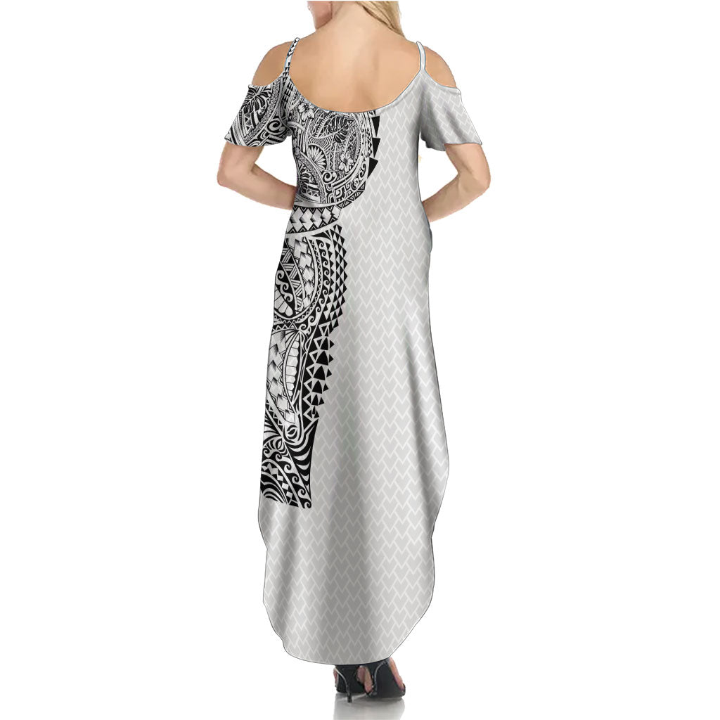 Hawaiian Traditional Tattoos Summer Maxi Dress Kakau Tribal Tropical Plant Motif White Color LT03 - Polynesian Pride