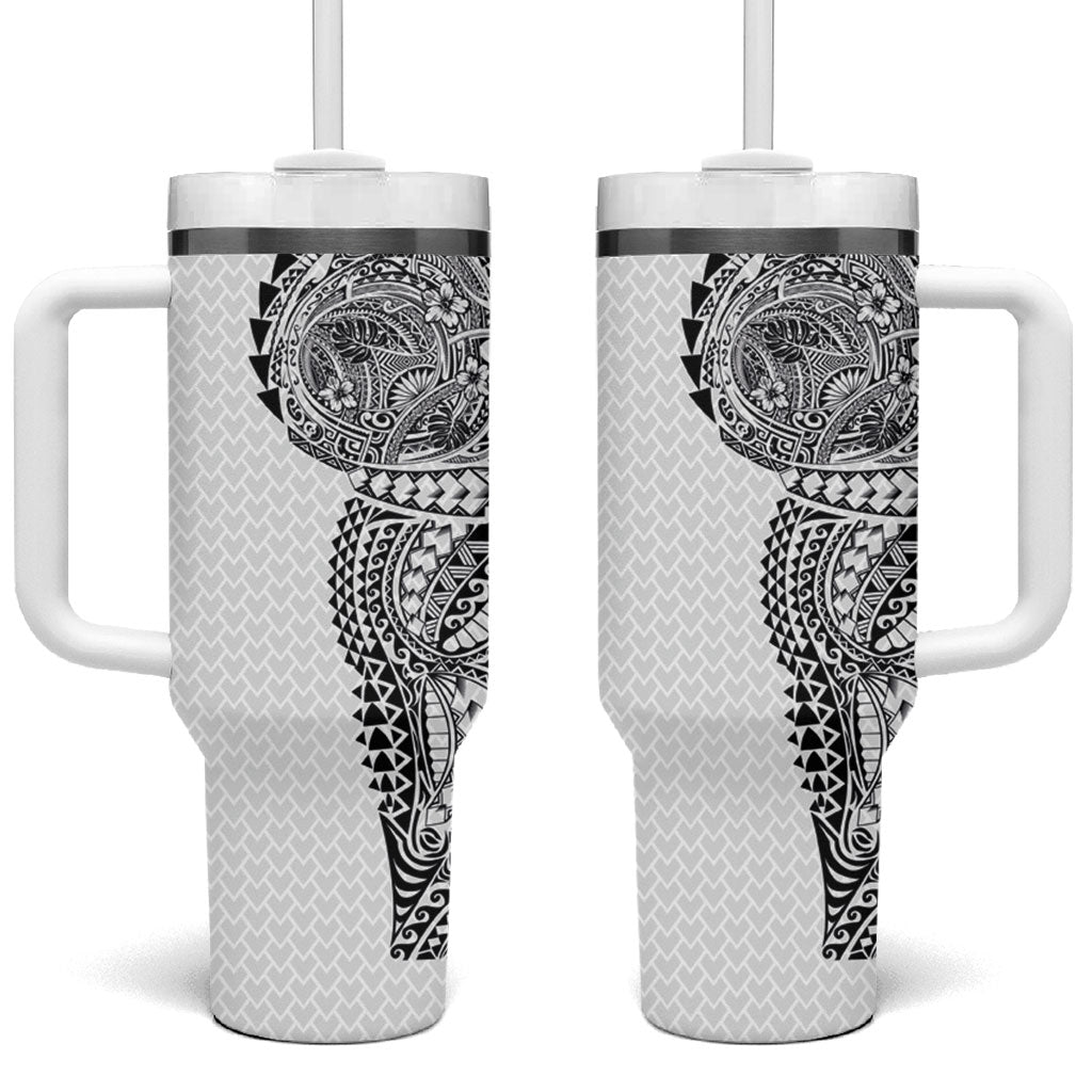 Hawaiian Traditional Tattoos Tumbler With Handle Kakau Tribal Tropical Plant Motif White Color