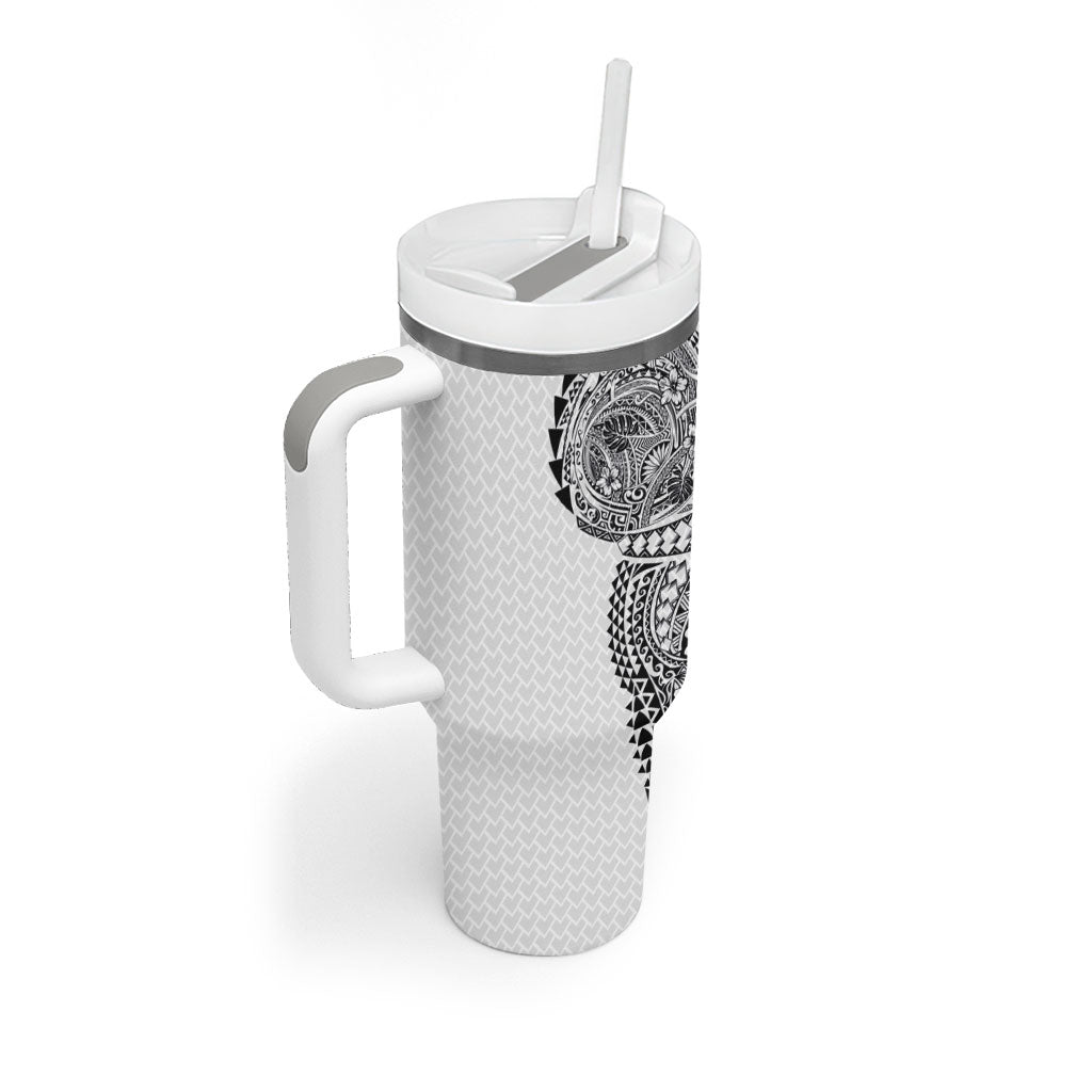Hawaiian Traditional Tattoos Tumbler With Handle Kakau Tribal Tropical Plant Motif White Color