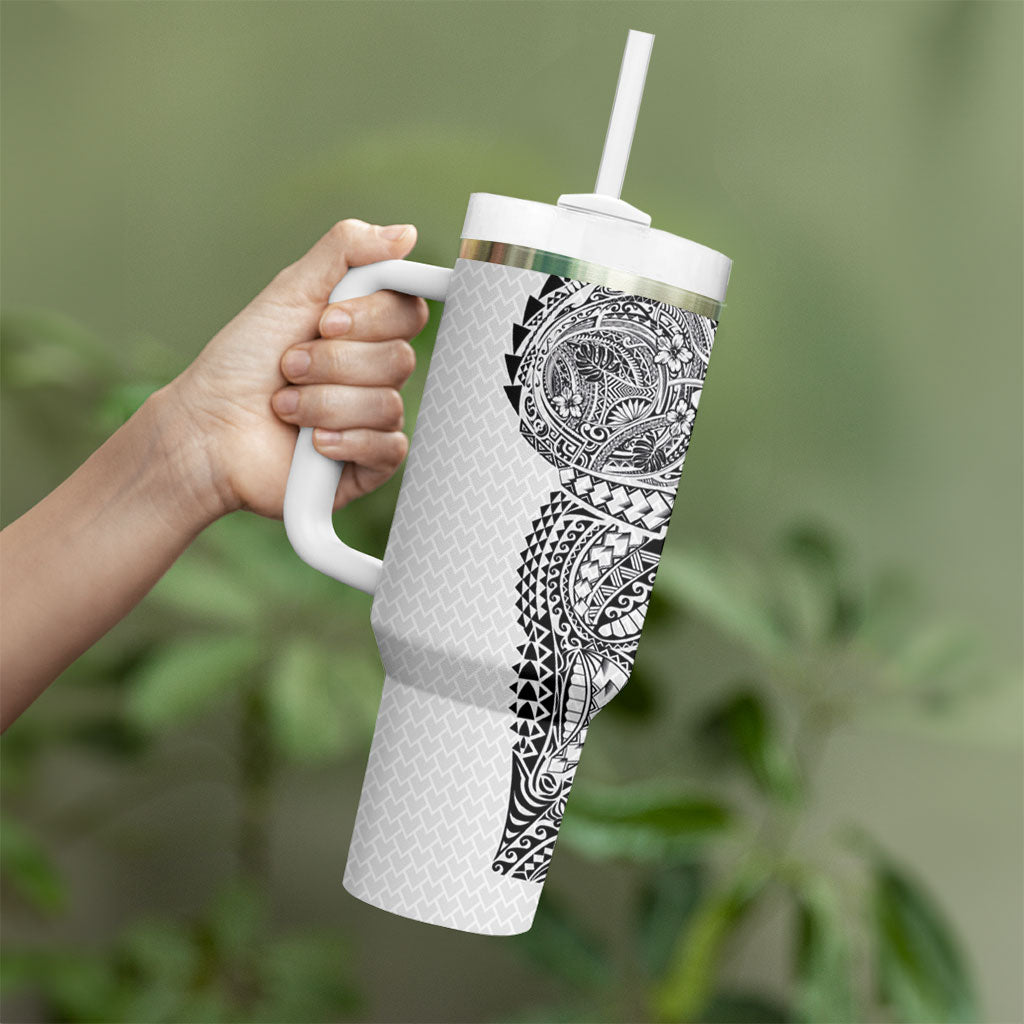 Hawaiian Traditional Tattoos Tumbler With Handle Kakau Tribal Tropical Plant Motif White Color