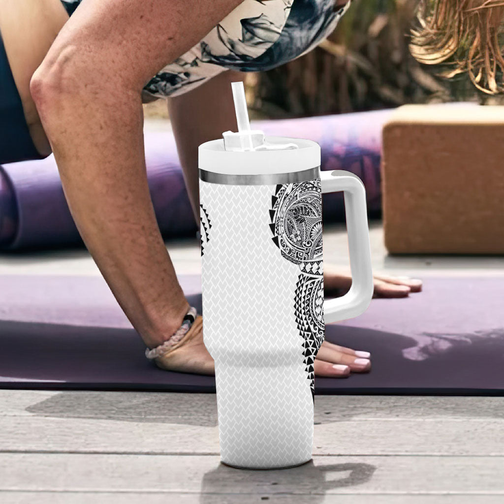 Hawaiian Traditional Tattoos Tumbler With Handle Kakau Tribal Tropical Plant Motif White Color