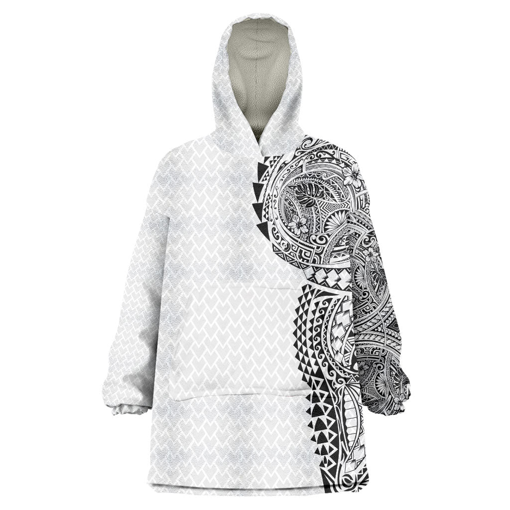 Hawaiian Traditional Tattoos Wearable Blanket Hoodie Kakau Tribal Tropical Plant Motif White Color LT03 One Size White - Polynesian Pride