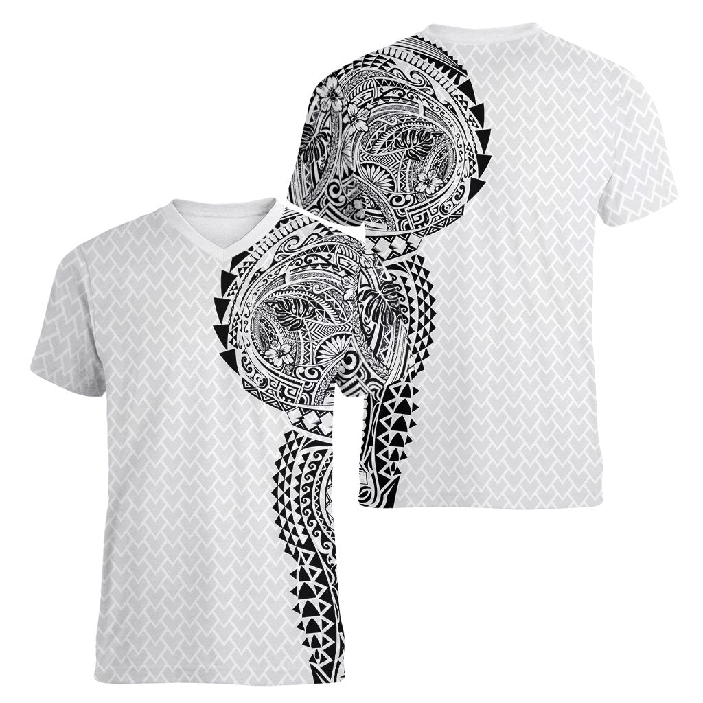 Hawaiian Traditional Tattoos Women V-Neck T-Shirt Kakau Tribal Tropical Plant Motif White Color LT03 - Polynesian Pride