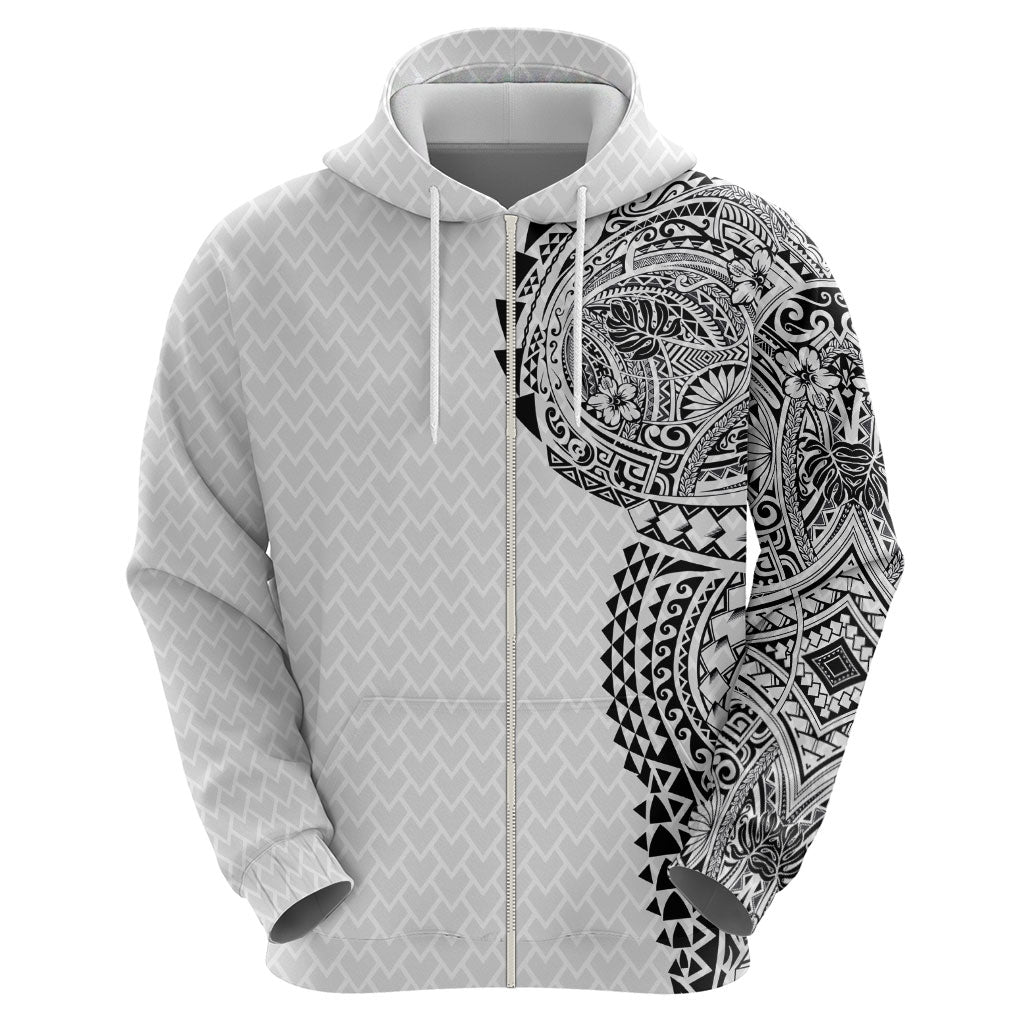 Hawaiian Traditional Tattoos Zip Hoodie Kakau Tribal Tropical Plant Motif White Color LT03 - Polynesian Pride