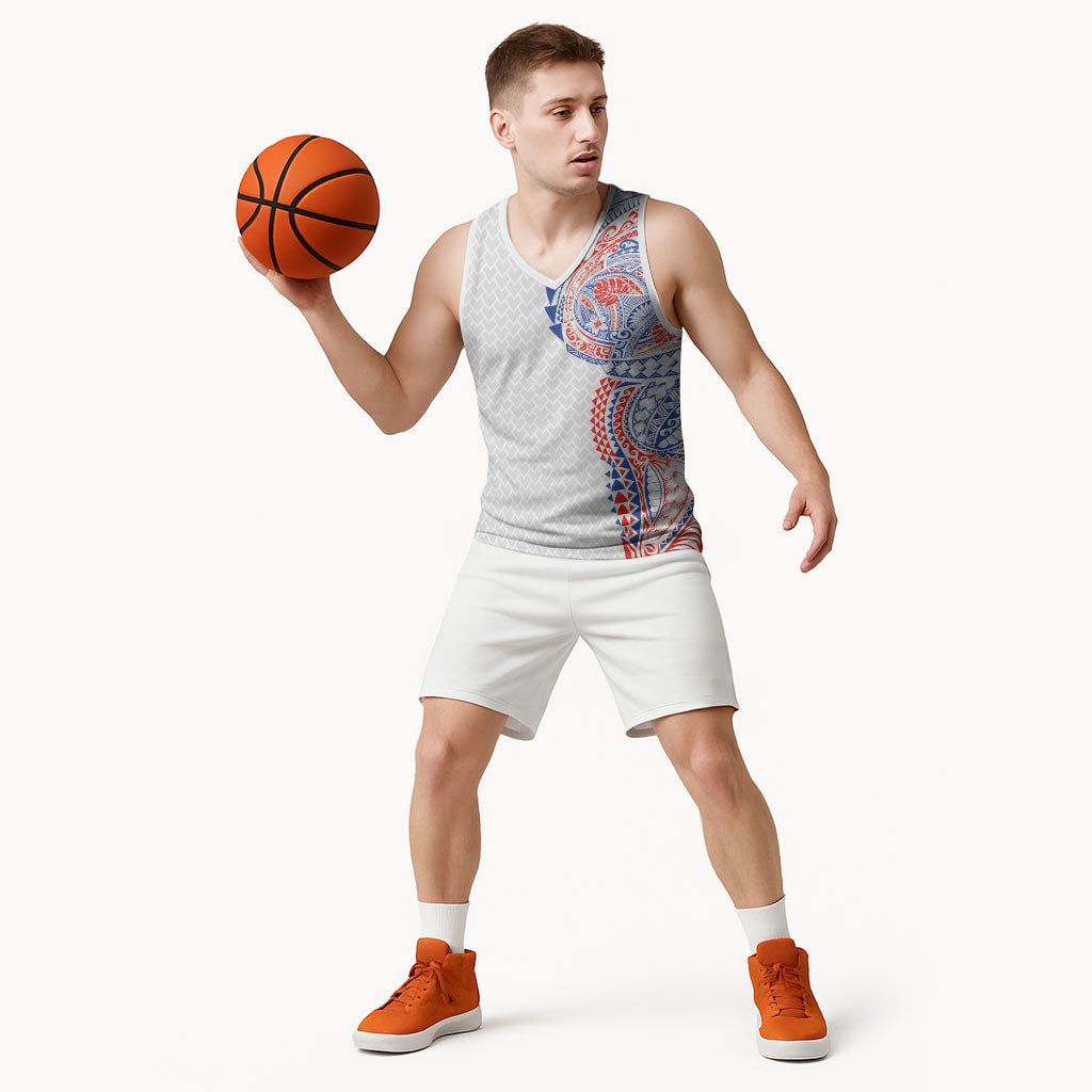 Hawaiian Traditional Tattoos Basketball Jersey Kakau Tribal Tropical Plant Motif Hawaii Flag Color Inspired LT03 - Polynesian Pride