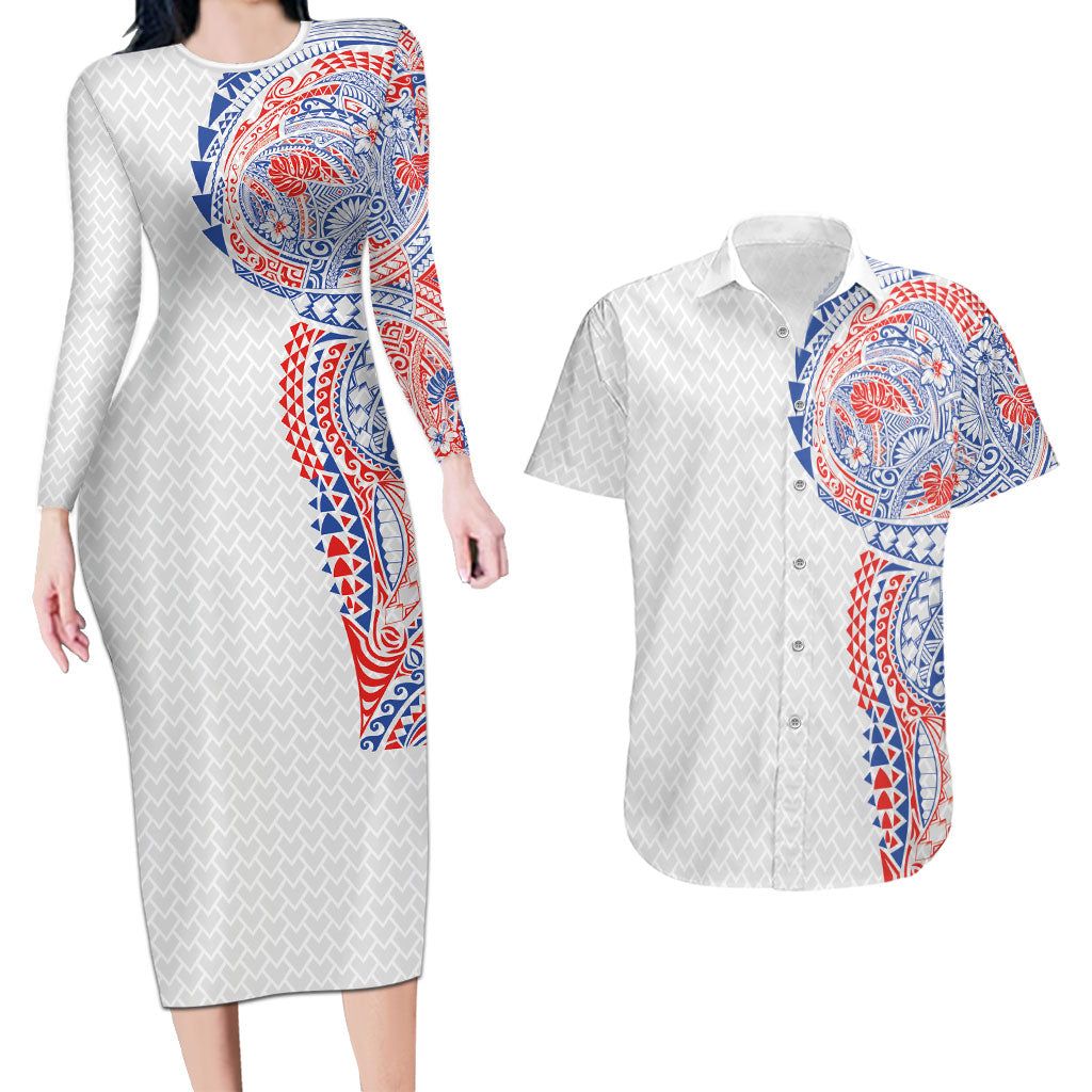 Hawaiian Traditional Tattoos Couples Matching Long Sleeve Bodycon Dress and Hawaiian Shirt Kakau Tribal Tropical Plant Motif Hawaii Flag Color Inspired LT03 Multicolor - Polynesian Pride
