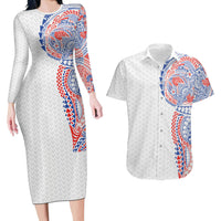 Hawaiian Traditional Tattoos Couples Matching Long Sleeve Bodycon Dress and Hawaiian Shirt Kakau Tribal Tropical Plant Motif Hawaii Flag Color Inspired LT03 Multicolor - Polynesian Pride