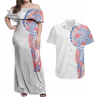 Hawaiian Traditional Tattoos Couples Matching Off Shoulder Maxi Dress and Hawaiian Shirt Kakau Tribal Tropical Plant Motif Hawaii Flag Color Inspired LT03 Multicolor - Polynesian Pride
