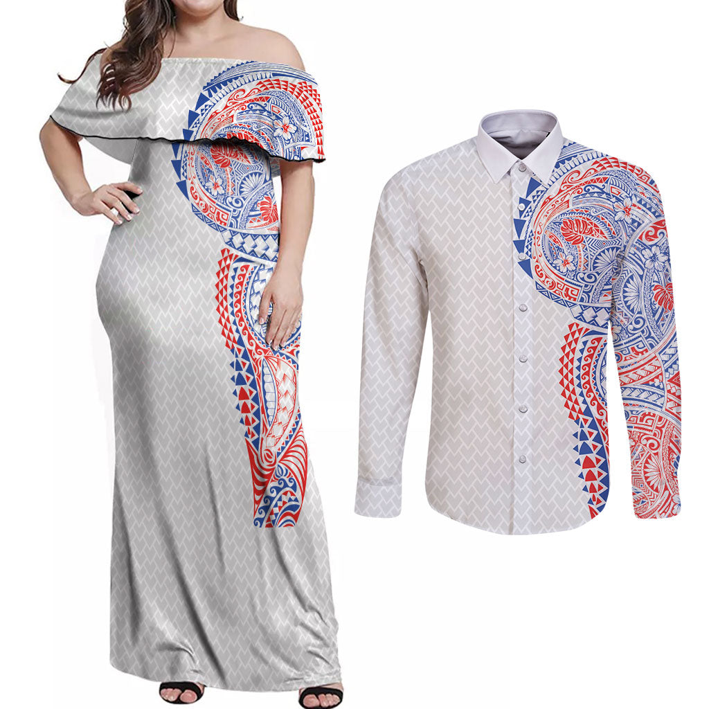 Hawaiian Traditional Tattoos Couples Matching Off Shoulder Maxi Dress and Long Sleeve Button Shirt Kakau Tribal Tropical Plant Motif Hawaii Flag Color Inspired LT03 Multicolor - Polynesian Pride