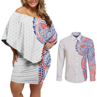 Hawaiian Traditional Tattoos Couples Matching Off Shoulder Short Dress and Long Sleeve Button Shirt Kakau Tribal Tropical Plant Motif Hawaii Flag Color Inspired LT03 Multicolor - Polynesian Pride