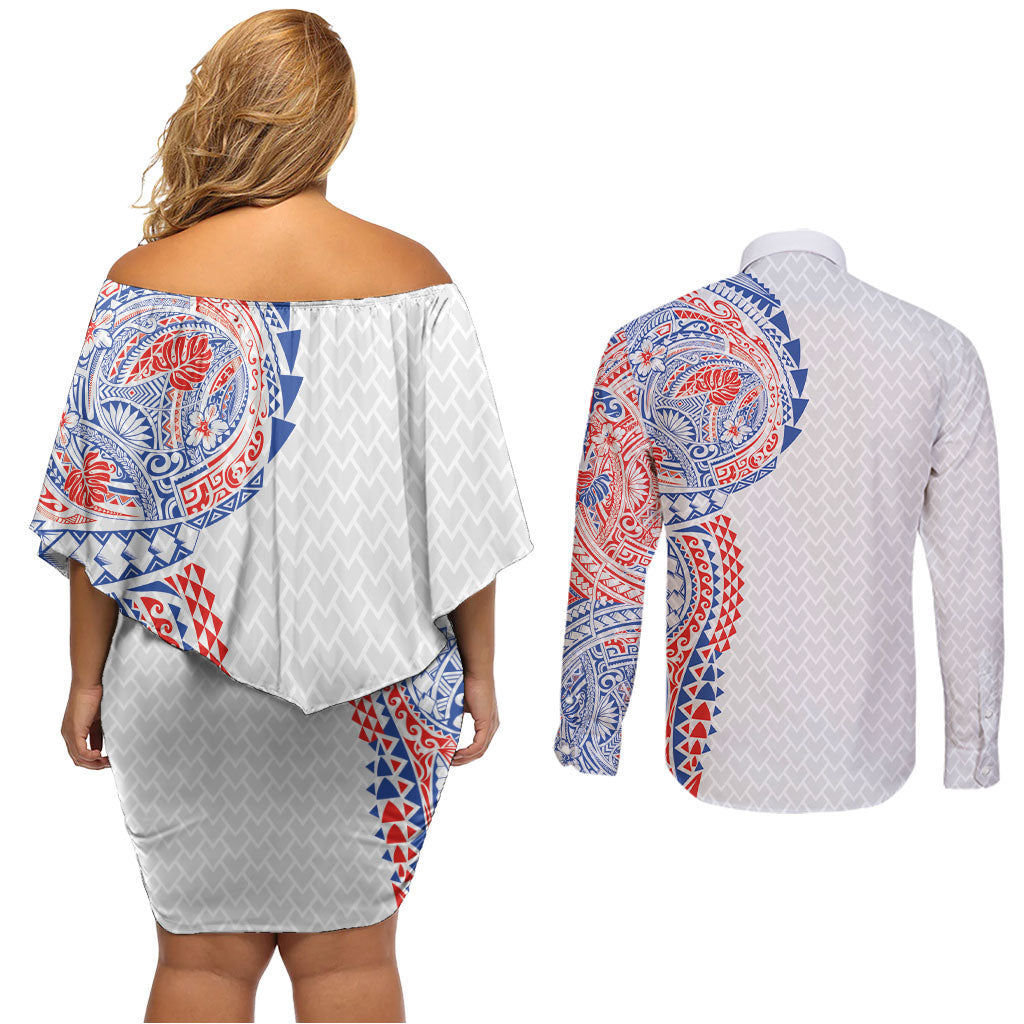 Hawaiian Traditional Tattoos Couples Matching Off Shoulder Short Dress and Long Sleeve Button Shirt Kakau Tribal Tropical Plant Motif Hawaii Flag Color Inspired LT03 - Polynesian Pride