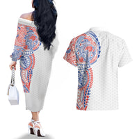 Hawaiian Traditional Tattoos Couples Matching Off The Shoulder Long Sleeve Dress and Hawaiian Shirt Kakau Tribal Tropical Plant Motif Hawaii Flag Color Inspired LT03 - Polynesian Pride